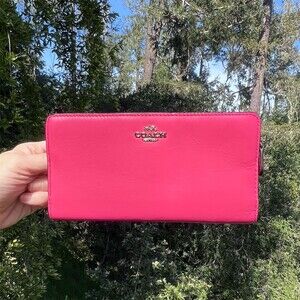COACH Pink Leather Slim Wallet Credit Card Holder with Silver Hardware AUTHENTIC
